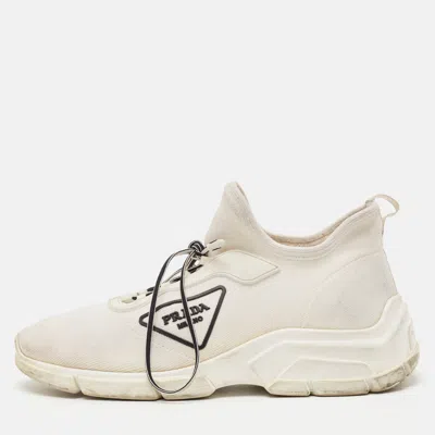 Pre-owned Prada White Knit Fabric Logo Low Top Sneakers Size 36.5