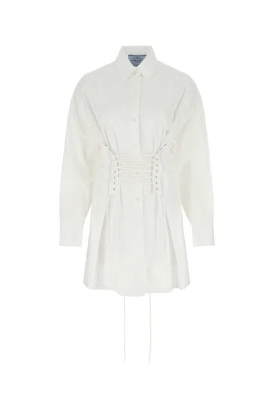 PRADA WHITE LACE UP LONG SLEEVE SHIRT DRESS