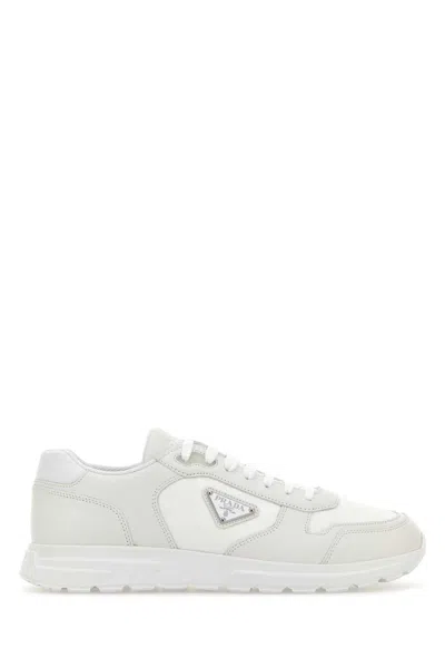 PRADA PRADA WHITE LEATHER AND FABRIC SNEAKERS