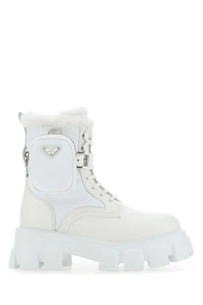Prada White Leather And Re-nylon Monolith Boots In F0009