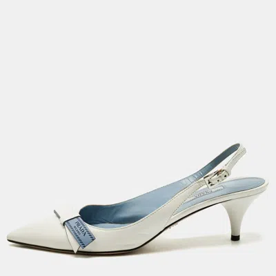 Pre-owned Prada White Leather Bow Pointed Toe Slingback Pumps Size 40