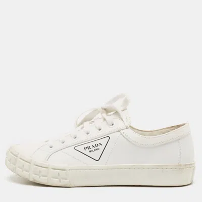 Pre-owned Prada White Leather Cassetta Wheel Sneakers Size 40.5