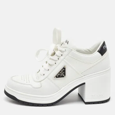 Pre-owned Prada White Leather Downtown High Heel Lace Up Pump Sneakers Size 39