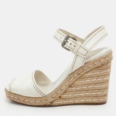 Pre-owned Prada White Leather Espadrille Platform Wedge Ankle Strap Sandals Size 39.5