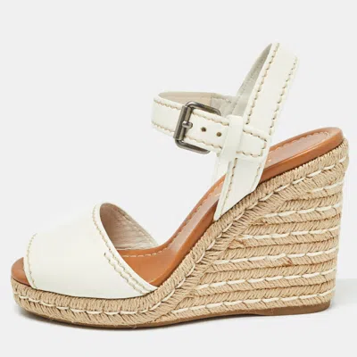 Pre-owned Prada White Leather Flaviana Wedge Sandals Size 38.5