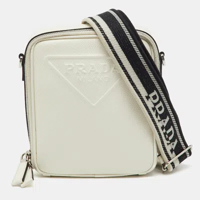 Pre-owned Prada White Leather Logo Embossed Vertical Shape Shoulder Bag
