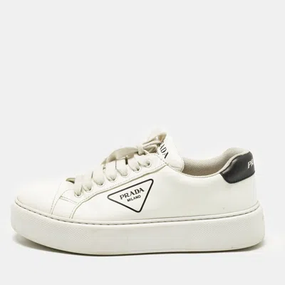 Pre-owned Prada White Leather Logo Lace Up Sneakers Size 43.5
