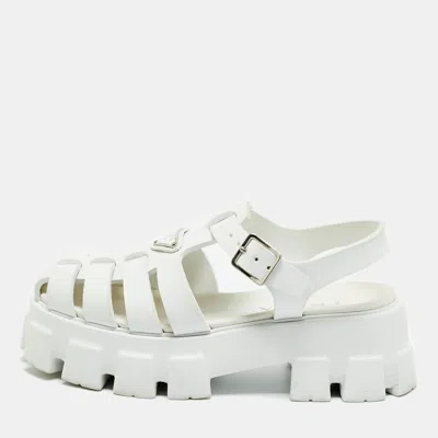 Pre-owned Prada White Leather Monolith Ankle Strap Sandals Size 39