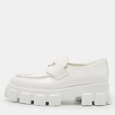 Pre-owned Prada White Leather Monolith Triangle Logo Loafers Size 39