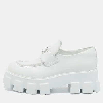 Pre-owned Prada White Leather Monolith Triangle Logo Loafers Size 39