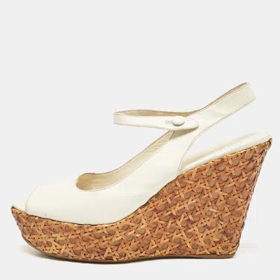 Pre-owned Prada White Leather Platform Wedge Ankle Strap Sandals Size 40