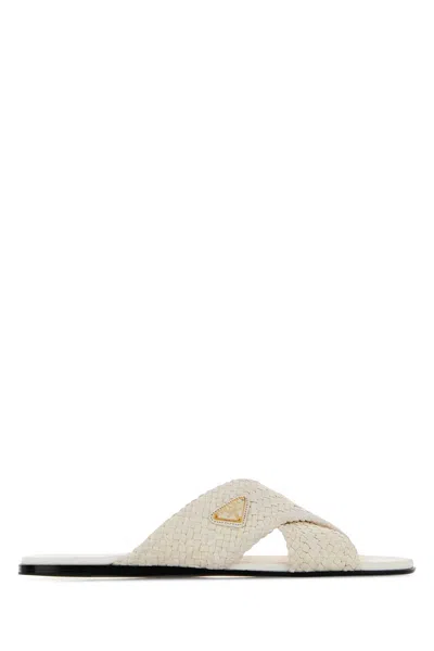 Prada Leather Flat Sandals Open Toe Woven In Neutral