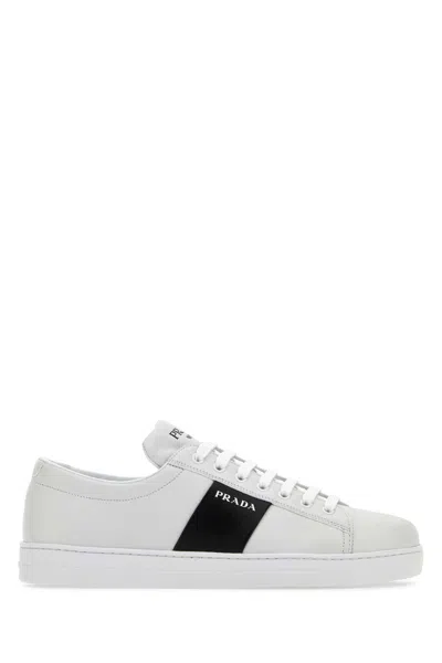 Prada White Leather Sneakers In Bianconero