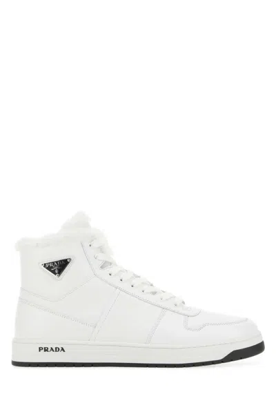 Prada White Leather Sneakers In Red