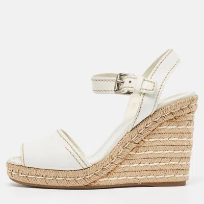 Pre-owned Prada White Leather Wedge Espadrille Ankle Strap Sandals Size 40