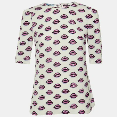 Pre-owned Prada White Lip Printed Crepe Top S