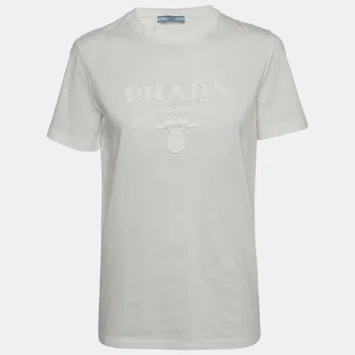 Pre-owned Prada White Logo Appliqué Distressed Jersey T-shirt Xs