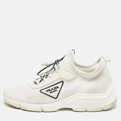 Pre-owned Prada White Logo Knit Fabric Low Top Sneakers Size 37