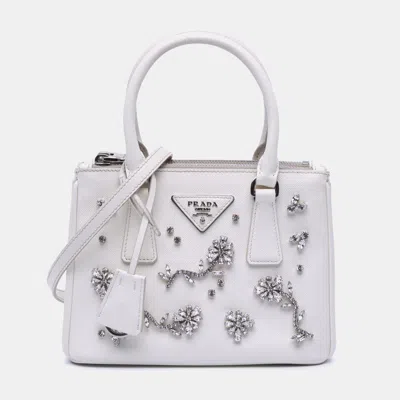 Pre-owned Prada White Mini Saffiano Lux Crystal Embellished Galleria Double Zip