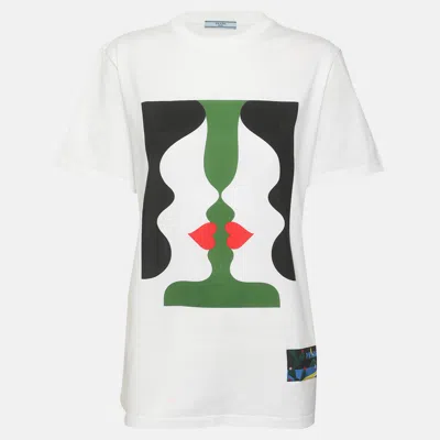 Pre-owned Prada White Multicolor Graphic Print Cotton T-shirt S