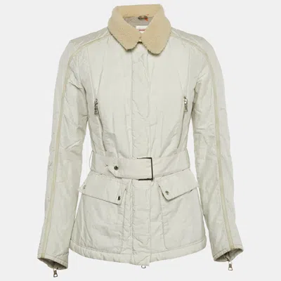 Pre-owned Prada White Nylon Blend Belt Detail Quilted Jacket S