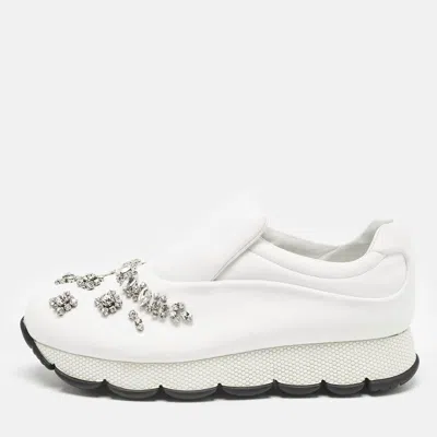 Pre-owned Prada White Nylon Crystal Embellished Slip On Sneakers Size 38.5