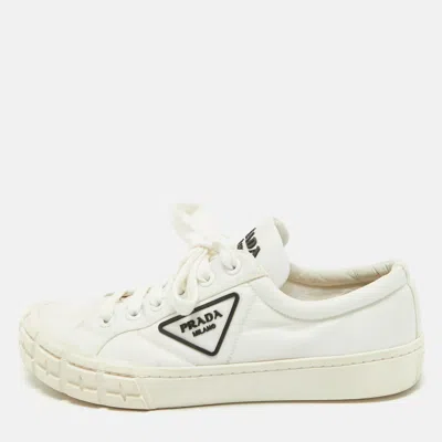 Pre-owned Prada White Nylon Double Wheel Lace Up Sneakers Size 41