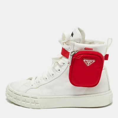 Pre-owned Prada White Nylon Triangle Pouch Pocket High Top Sneakers Size 37