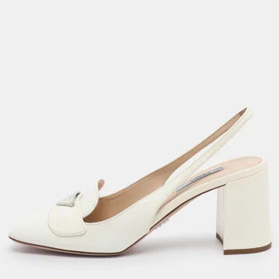 Pre-owned Prada White Patent Leather Block Heel Slingback Pumps Size 37.5