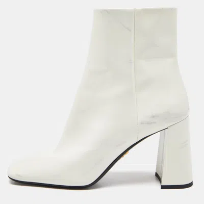 Pre-owned Prada White Patent Leather Zip Ankle Boots Size 37