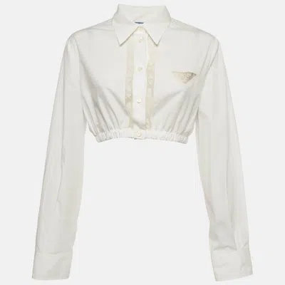 Pre-owned Prada White Poplin Lace Trim Button Up Crop Top L