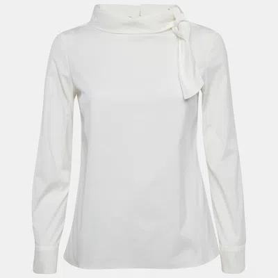 Pre-owned Prada White Poplin Neck-tie Detail Long Sleeve Blouse S