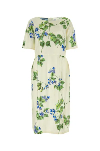 Prada Floral-print Twill Dress In White