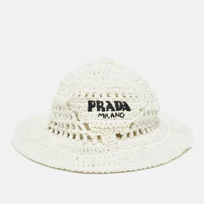 Pre-owned Prada White Raffia Crochet Bucket Hat M