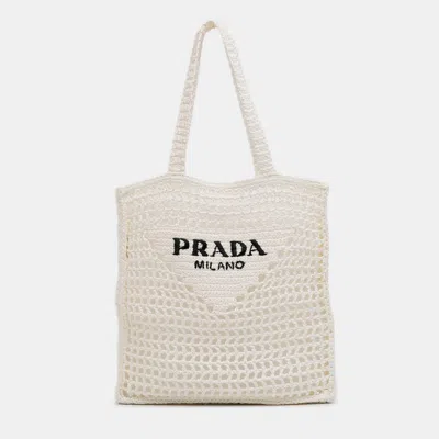 Pre-owned Prada White Raffia Effect Crochet Logo Embroidered Tote