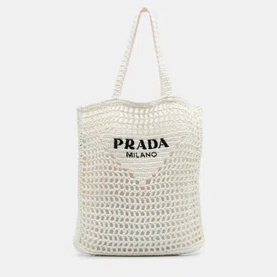 Pre-owned Prada White Raffia Effect Crochet Logo Embroidered Tote