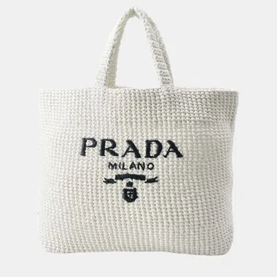 Pre-owned Prada White Raffia Logo Crochet Tote Bag