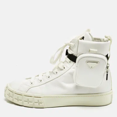 Pre-owned Prada White Re-nylon Gabardine Metal Triangle Pouch Pocket Sneakers Size 39