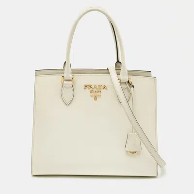 Pre-owned Prada White Saffiano Cuir Leather Snap Tote