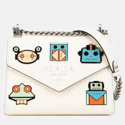 Pre-owned Prada White Saffiano Cuir Monochrome Robot Patches Envelope Chain Flap