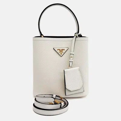 Pre-owned Prada White Saffiano Leather Pannier Tote And Shoulder Bag