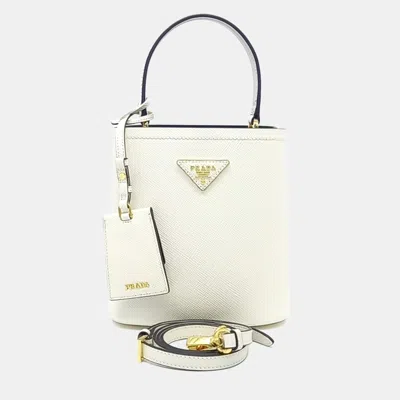 Pre-owned Prada White Saffiano Leather Saffiano Double Tote And Shoulder Bag