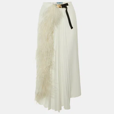 Pre-owned Prada White Sateen Feather Trim Wrap Midi Skirt S