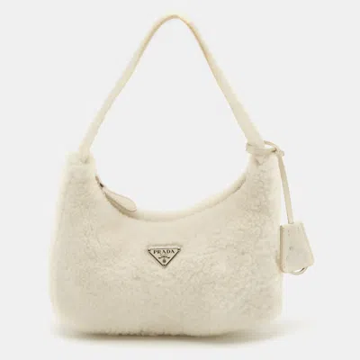 Pre-owned Prada White Shearling Fur Re-edition 2000 Bag