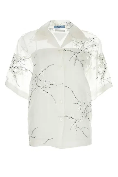 PRADA PRADA WHITE SILK BLEND SEE-THROUGH SHIRT