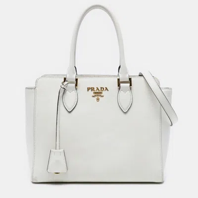 Pre-owned Prada White Soft Calf Trimmed Saffiano Lux Open Convertible Tote