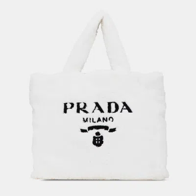 Pre-owned Prada White Spugna Terry Cloth Logo Tote