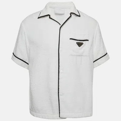 Pre-owned Prada White Terry Cotton Logo Detail Bowling Shirt L