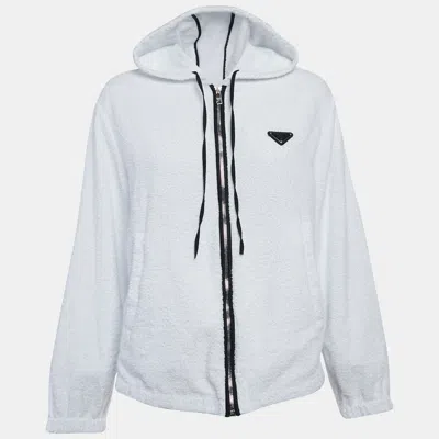 Pre-owned Prada White Terry Cotton Triangle Metal Logo Hooded Jacket S