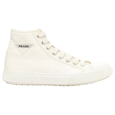 Pre-owned Prada White Textured Leather Black Triangle Logo High Top Sneakers Uk7 Eu40